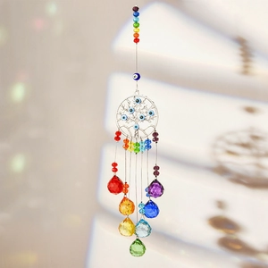 Detail of Tree of Life suncatcher with blue evil eye beads and rainbow crystal prisms