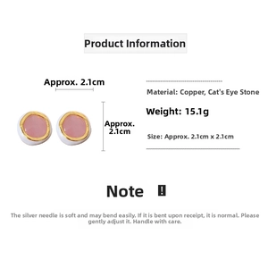 Detailed size view of pink opal stud earrings with gold plating and silver needles