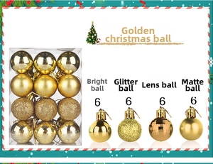 Detailed set of 24 gold Christmas balls in matte, glitter, glossy, and mirror finishes