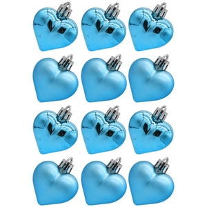 Twelve blue heart ornaments in matte and glossy finishes for Christmas tree decoration
