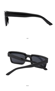 Side and back view of classic black square sunglasses with glossy finish frame