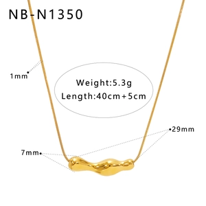 Technical diagram showing 18K gold plated wavy pendant and 1mm snake chain necklace specs