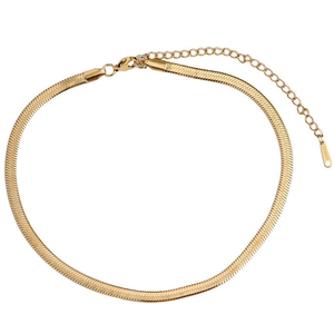 Gold flat snake chain necklace made of stainless steel with lobster clasp and extender