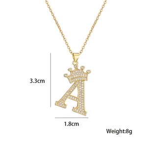Detail view of 18K gold plated crown letter A pendant with clear zircon, 3.3cm x 1.8cm
