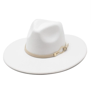 Classic white wool felt fedora hat with a wide brim and decorative golden metal buckle
