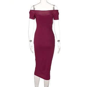 Detail view of the back of a burgundy off-shoulder ribbed bodycon midi dress