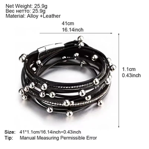 Detailed size chart for multilayer leather bracelet with alloy beads and magnetic buckle