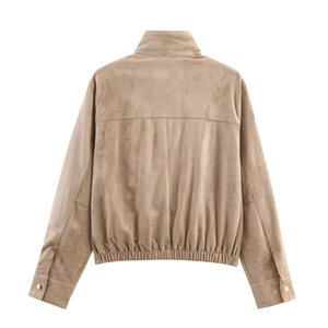 Beige faux suede jacket for women with stand-up collar shown from the back view