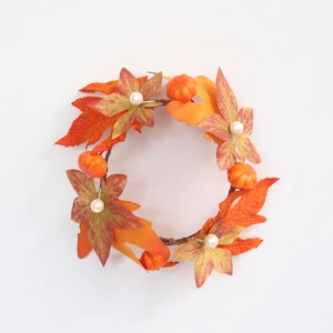Autumn maple leaf and pumpkin candle ring with white pearls for festive Thanksgiving decor