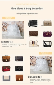 Transparent drawstring dust bags for handbags showing 30x30cm and 35x35cm sizes