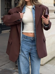 Elegant brown oversized blazer jacket paired with blue denim shirt and high-waist jeans