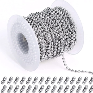 Silver stainless steel bead chain on white spool with matching connector clasps