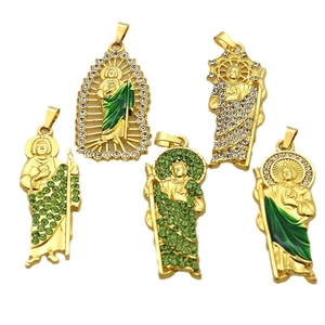 Religious San Judas Tadeo pendants with green enamel and gold finish in five styles