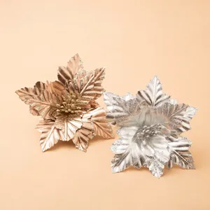 Glittering champagne gold and silver fabric poinsettia flowers for Christmas DIY decor