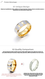 Macro shot of faceted tungsten steel ring with two-tone gold and silver finish