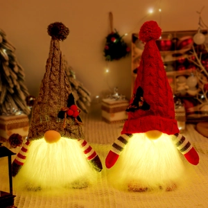Christmas Gnome Ornaments LED Light Up Glowing Faceless Doll Knitted Hat Faux Fur Beard Home Decor Tabletop