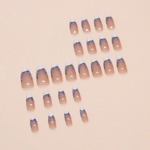 French almond press-on nails with blue iris flower patterns and white tips 24pcs set