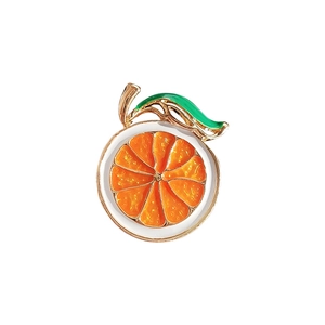 Vibrant enamel orange slice brooch with green leaf and gold-plated alloy finish