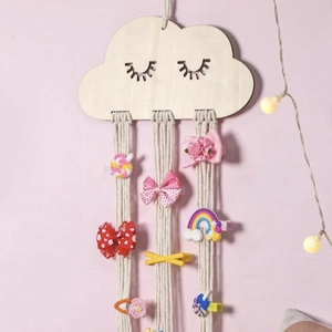 Wooden cloud hair clip holder with cotton ropes for girls' wall hanging storage