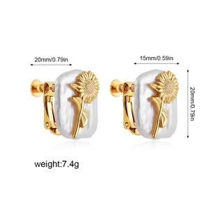 Detailed view of baroque pearl sunflower clip-on earrings with 20mm x 15mm dimensions