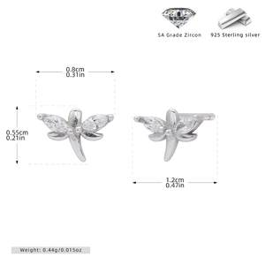 Macro view of 925 sterling silver dragonfly stud earrings with size measurements