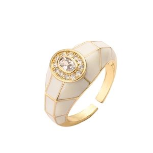18K gold plated adjustable open ring with white enamel patterns and oval zircon center