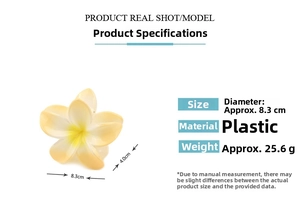 Detail showing 8.3cm yellow egg flower hair claw clip dimensions and plastic material