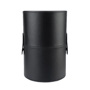 Premium black cylindrical leather makeup brush travel case with secure metal buckles