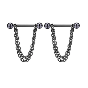 Detail view of black stainless steel nipple rings with double layer hanging chains
