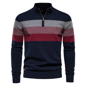 Men's navy blue zip mock neck knit sweater with horizontal color block stripes