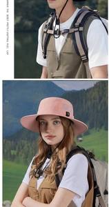 Pink wide brim sun hat with adjustable windproof drawstring for outdoor hiking and camping
