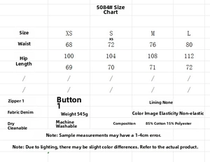 Detailed size guide and fabric specifications for denim jacket and midi skirt set