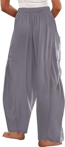Vue arrière du pantalon sarouel gris foncé ample avec taille élastique et poches