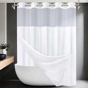 Detail showing the double-layer waffle fabric and semi-transparent window of this shower curtain