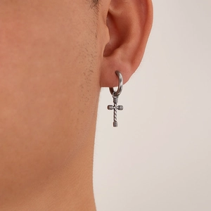 Retro stainless steel hoop earring for men with twisted cross pendant in vintage silver