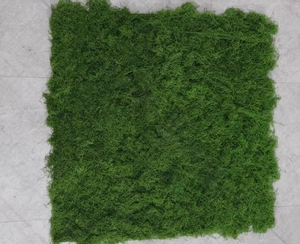 Macro detail of high-density artificial silk moss lawn with realistic green fiber texture