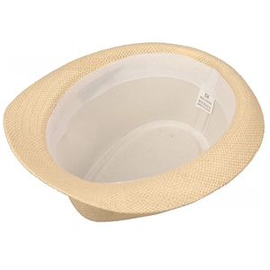 Detail view of the straw hat interior featuring a 100% paper fiber label and sweatband