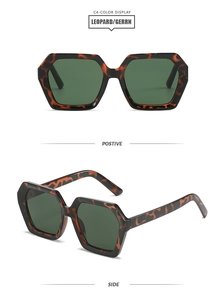 Close-up of geometric leopard frame sunglasses with dark green lenses in dual views