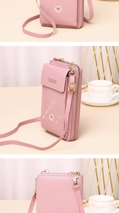 Detailed view of pink floral embroidery crossbody cell phone bag and wallet