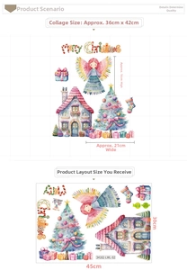 Detailed view of pink Christmas house wall decals with watercolor angel and tree stickers