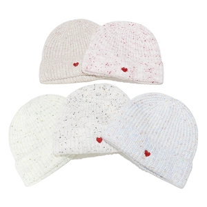 Five-pack gradient knitted beanies with heart embroidery and colorful mixed yarn