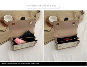 Detail view of the interior multi-layer structure of the beige woven leather crossbody bag