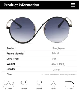Detailed size chart showing dimensions and specifications for metal semi-rimless sunglasses