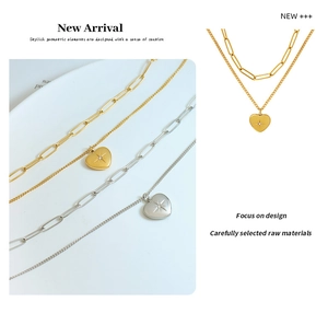 Dettaglio pendente a cuore con zircone a stella e catena a maglie miste a graffetta
