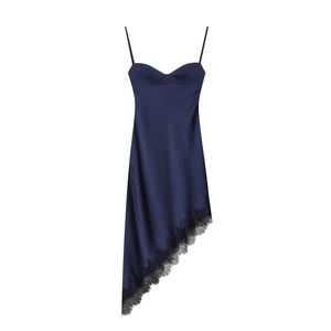 Women Satin Cami Mini Dress Lace Trim Asymmetric Hem Backless Tie Strap Sexy Satiny Slip