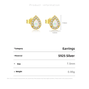 Detailed dimensions of S925 silver teardrop earrings with opal and cubic zirconia