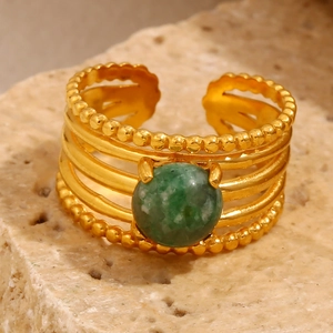 French Retro Multi Layer Ring Stainless Steel 18K Gold Plated Green Gemstone Adjustable Open Jewelry For Women Gift