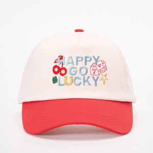 White and red baseball cap with Happy Go Lucky embroidery and dice icons