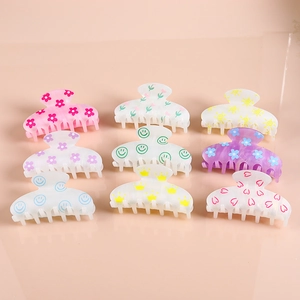 Acetate Hair Claw Clips Large Pearlescent Iridescent Printed Heart Smiley Face Flower Hair Clamps For Women Girls