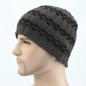 Detailed side view of men's winter beanie showing stripe knit texture and dark grey pattern